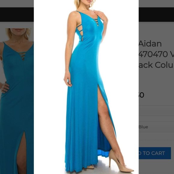 Aidan Mattox Maxi Column Dress V Neck Plunging Leg Slit Electric Blue Sz 6 $350 - Picture 1 of 9
